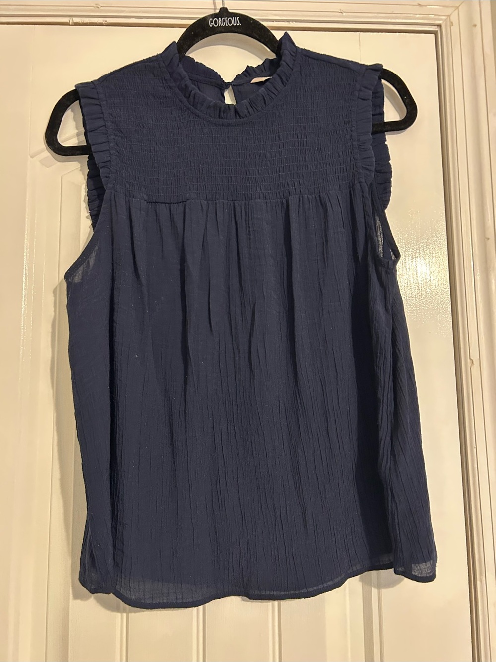 Nanette Lepore Navy Ruffled Mock Neck Short Sleeve Top